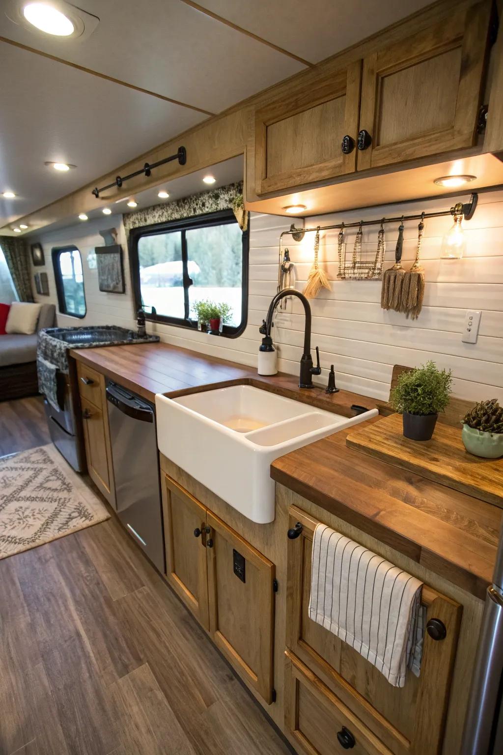 A traditional sink bringing farmhouse charm to an RV kitchen.