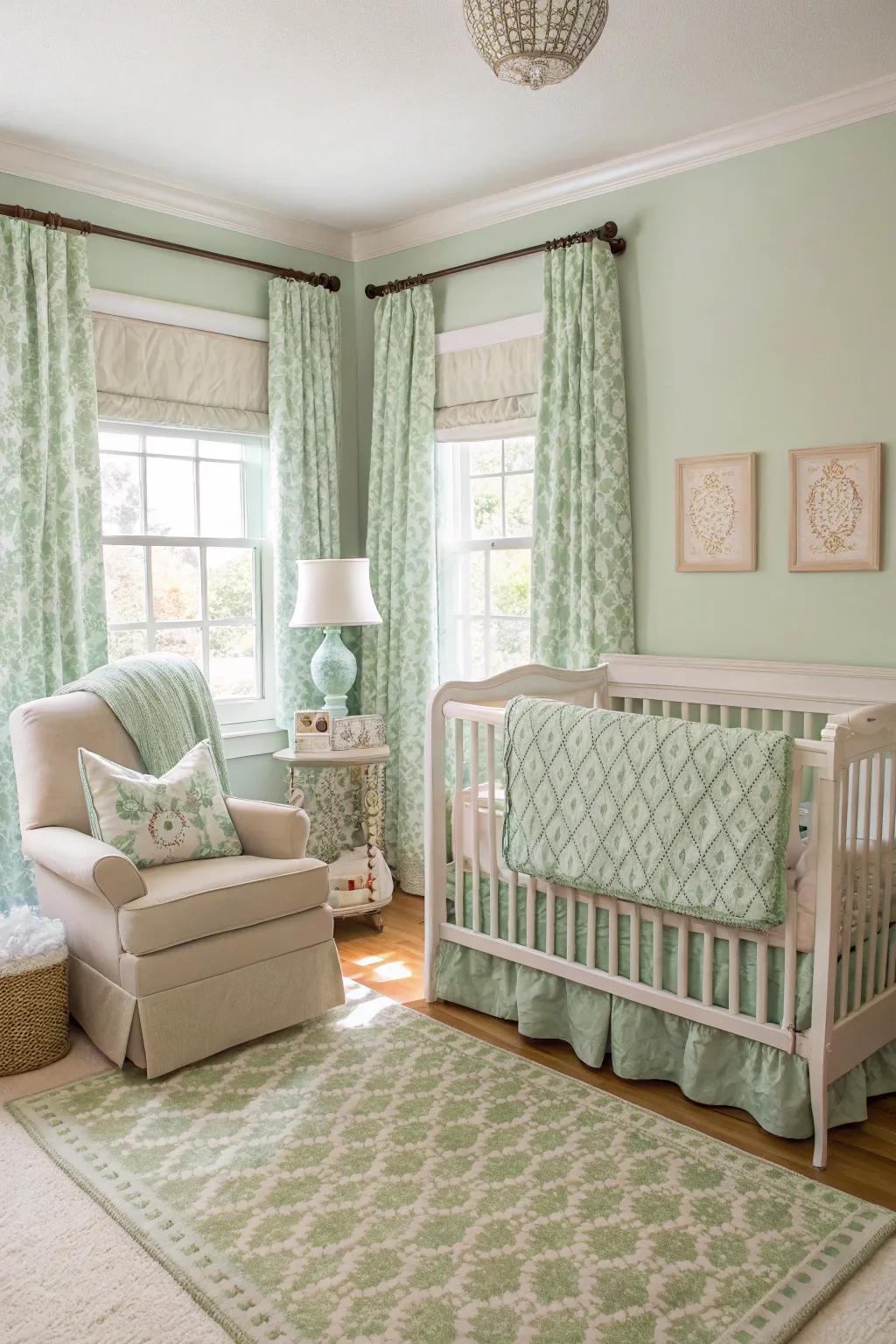 Verdant mist baby bed linens enhances the serene theme of the nursery.