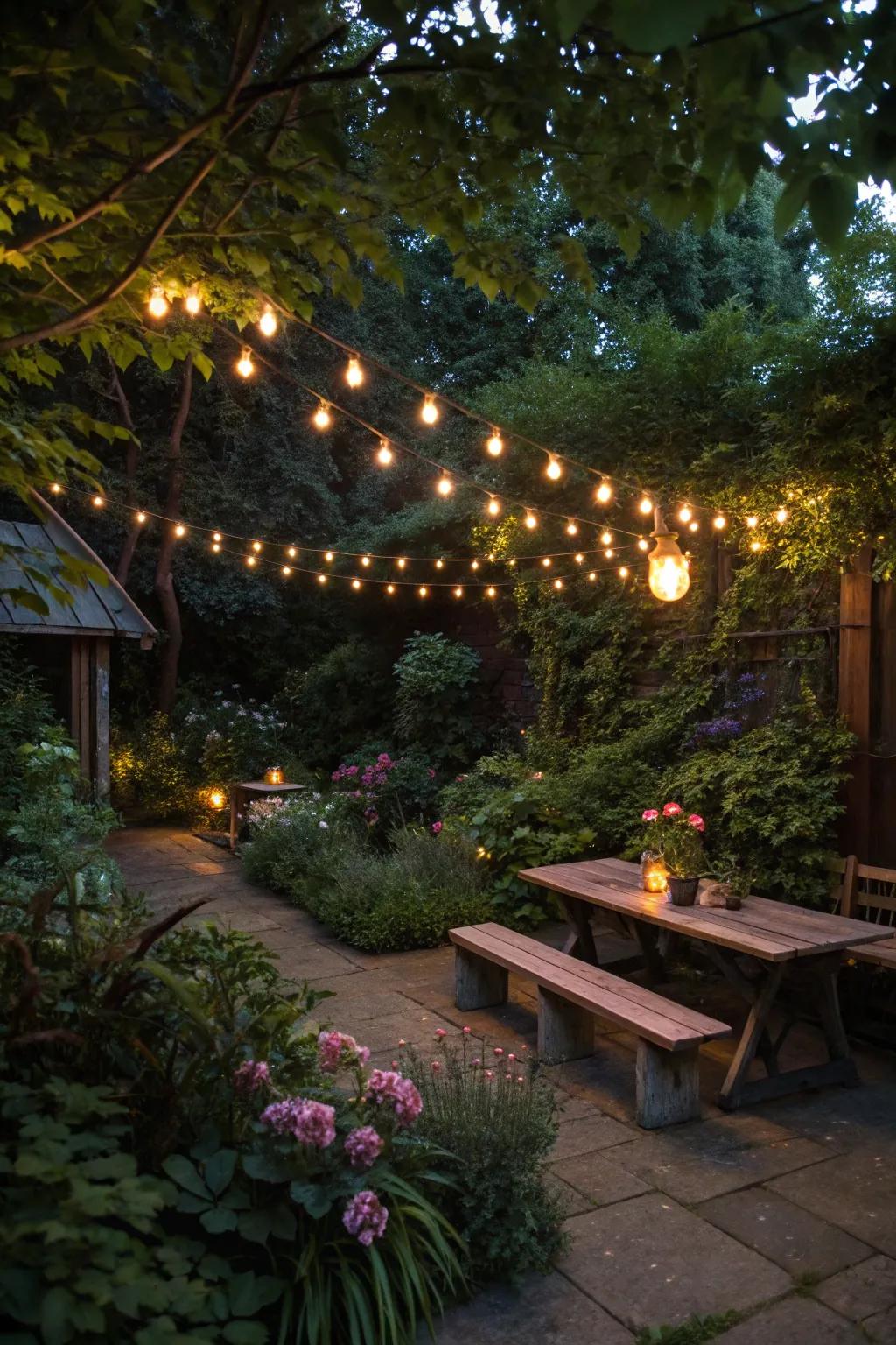 Series lights contribute charm and warmth to garden spaces.