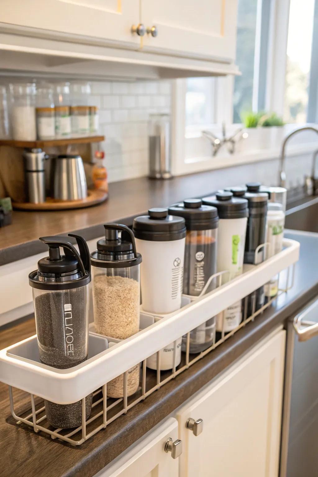 An over-the-sink shelf provides convenient storage for mixing containers.