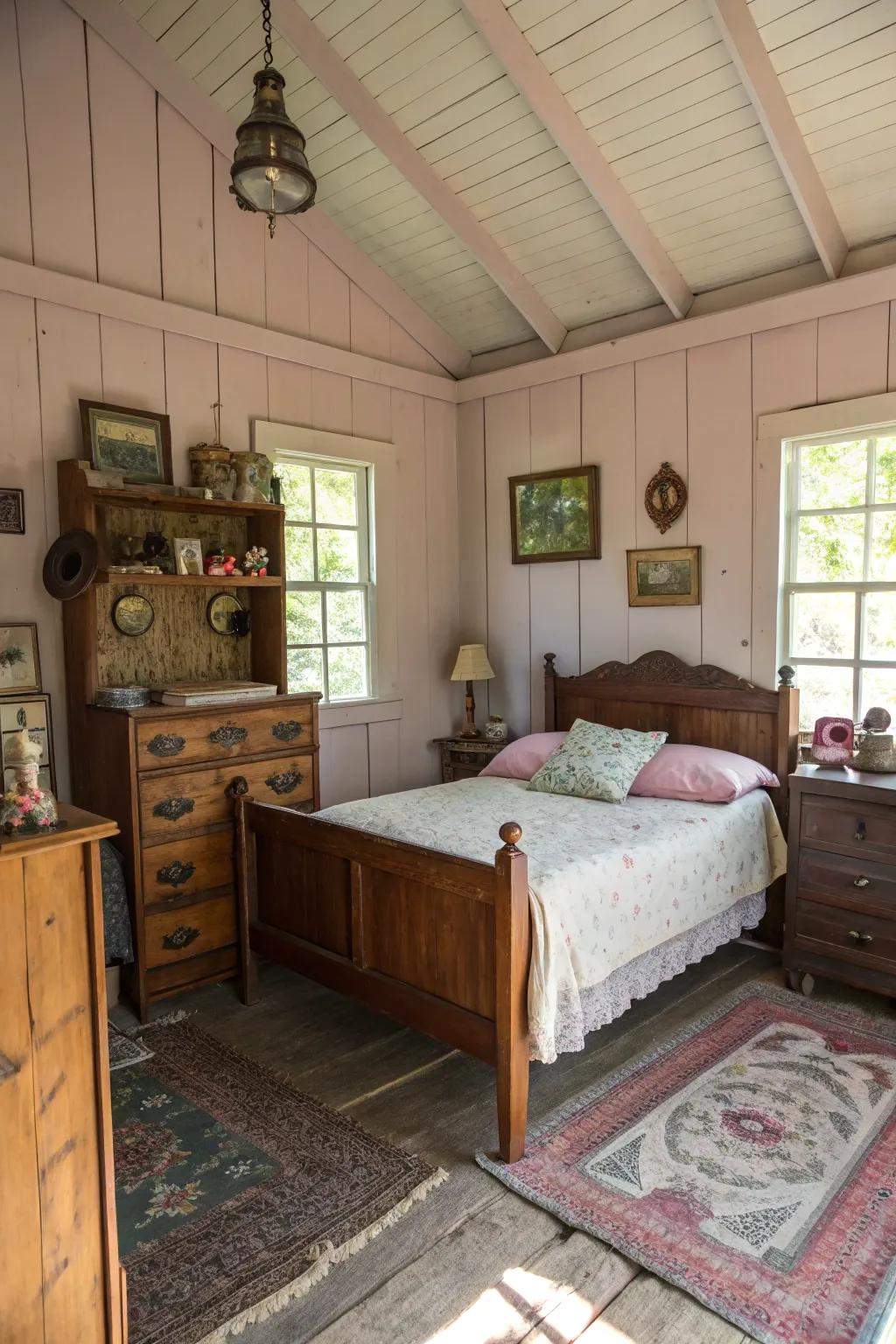Vintage finds contribute charm and character to your shed bedroom.