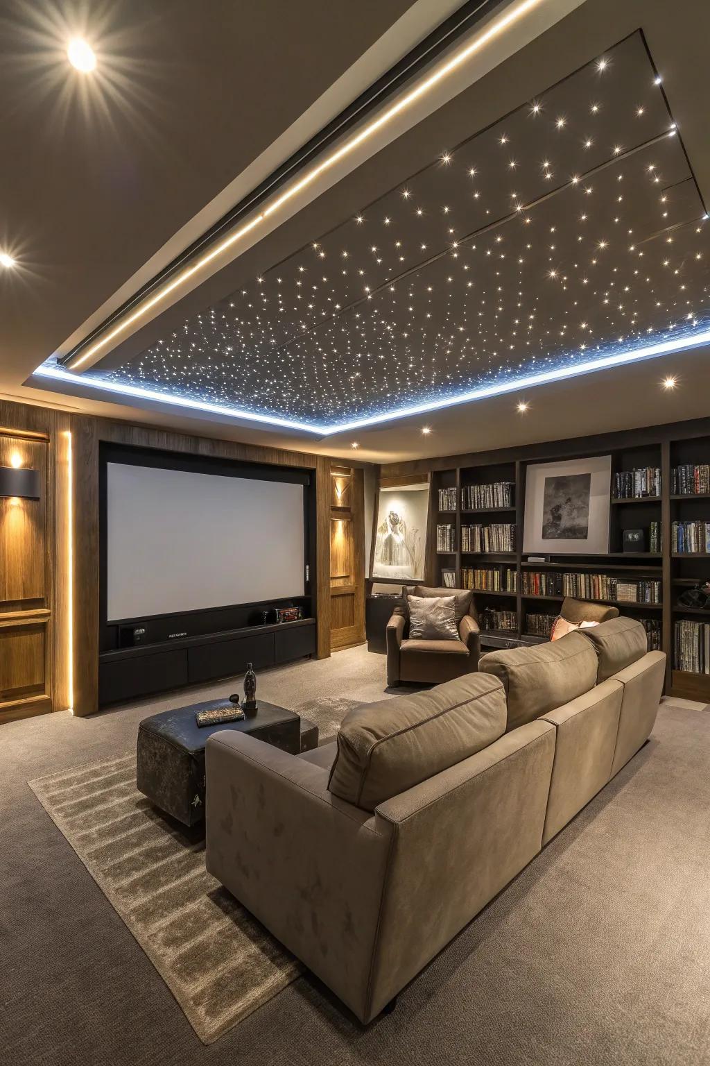 Ambient diode ribbon lighting within a modern media chamber.
