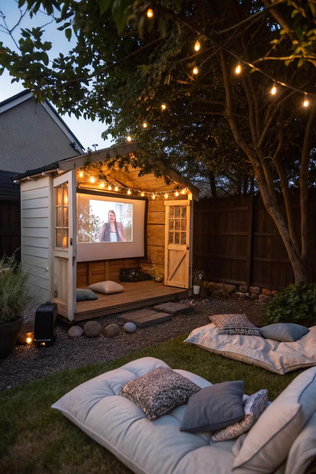 A garden shed reinvented as an outdoor cinema, encouraging magical movie evenings.