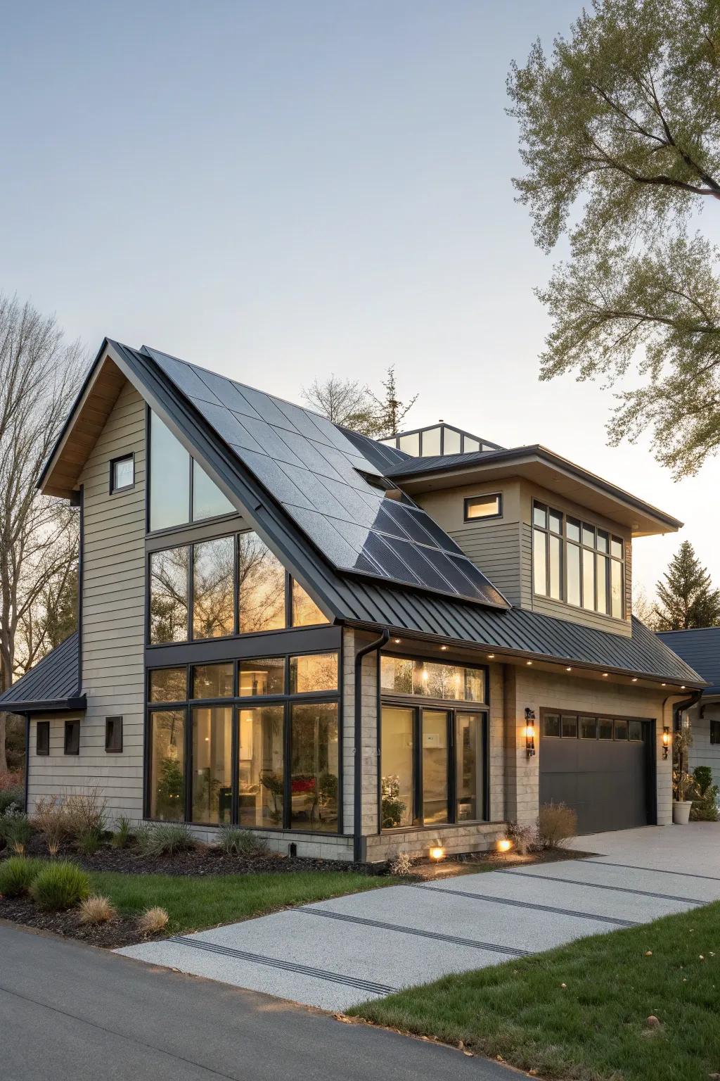 Modern house featuring a solar panel-equipped shed dormer.