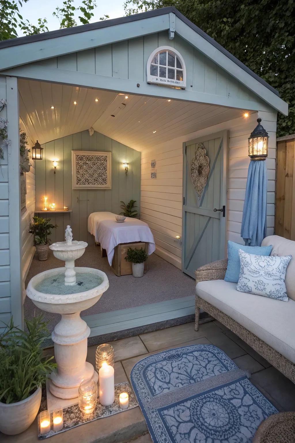 A garden shed home interior designed as a luxury spa escape.