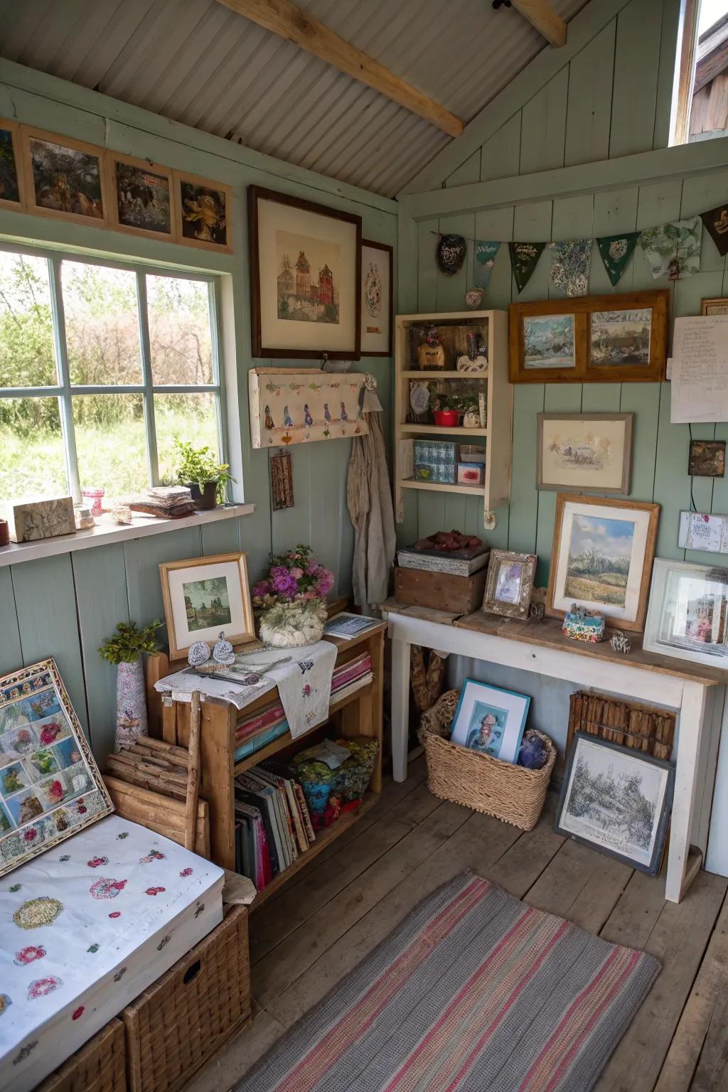 A shed becomes an intimate and personalized space because of such accents.