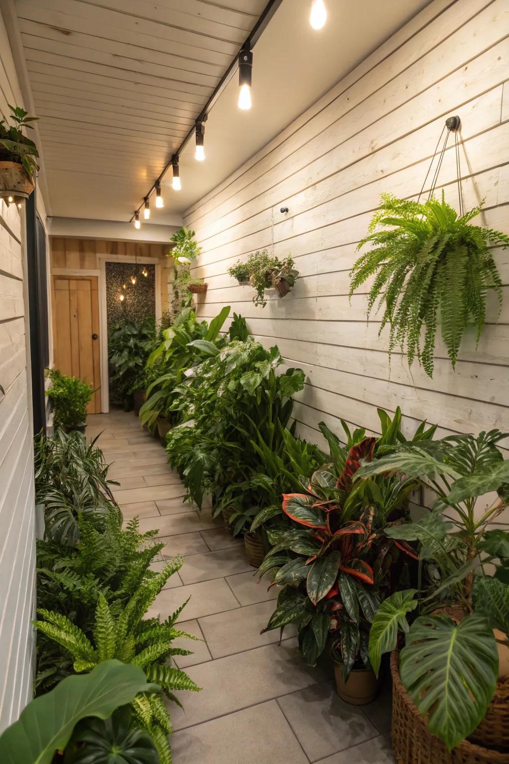A basement showcasing grooveboard walls adorned with lush indoor plants.
