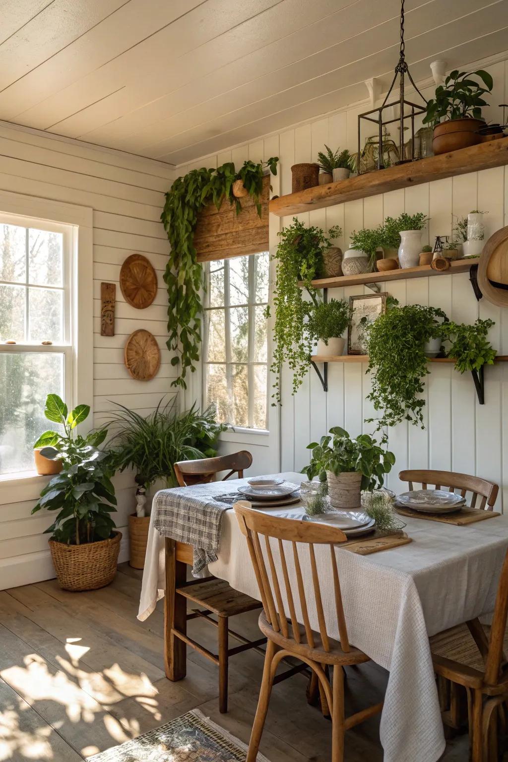 A dining room filled with natural elements and shiplap walls.