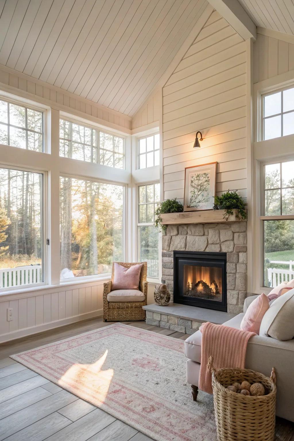 Shiplap fireplace in a sunroom crafts a serene and light-filled getaway.