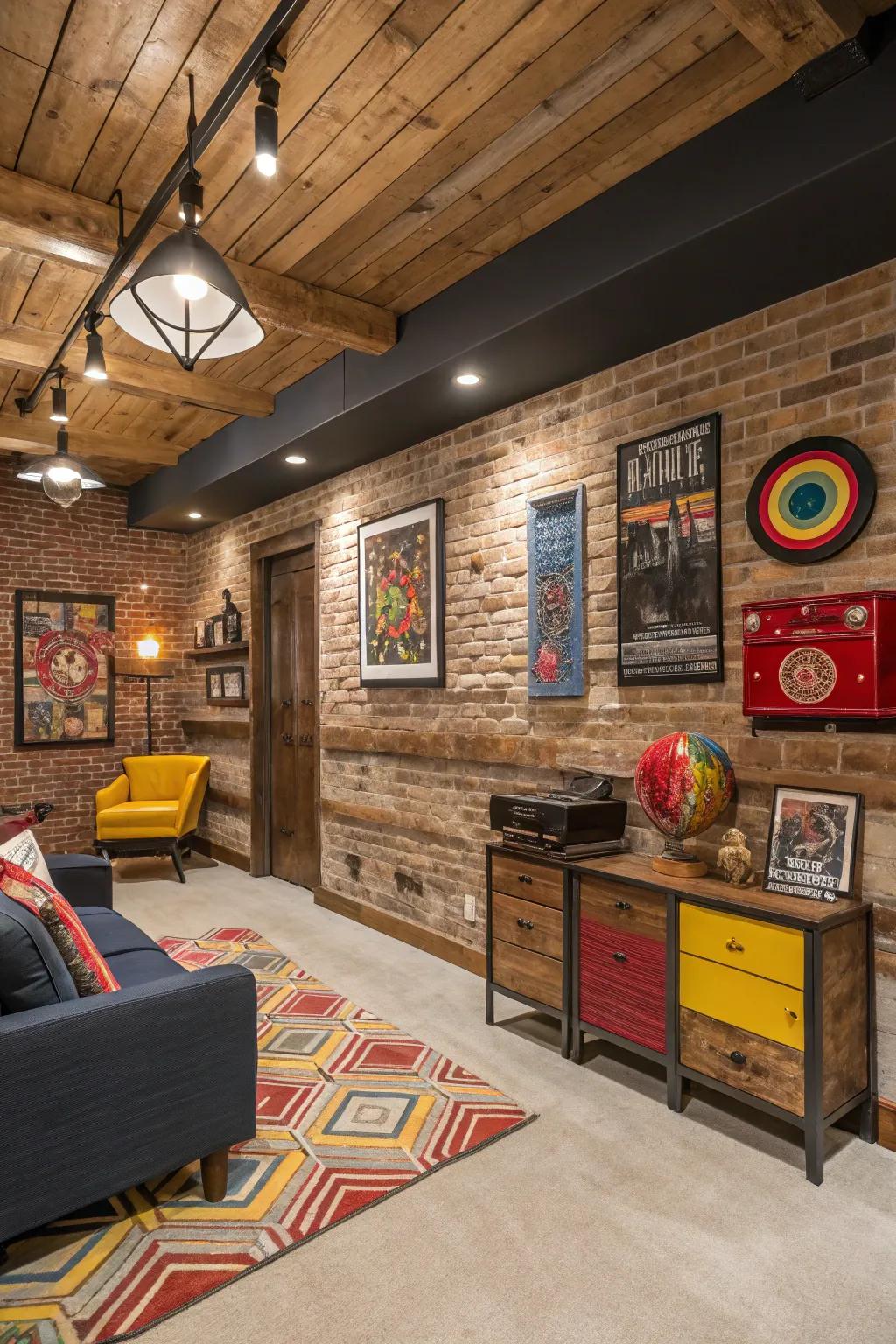 Dynamic design using mixed materials and shiplap.