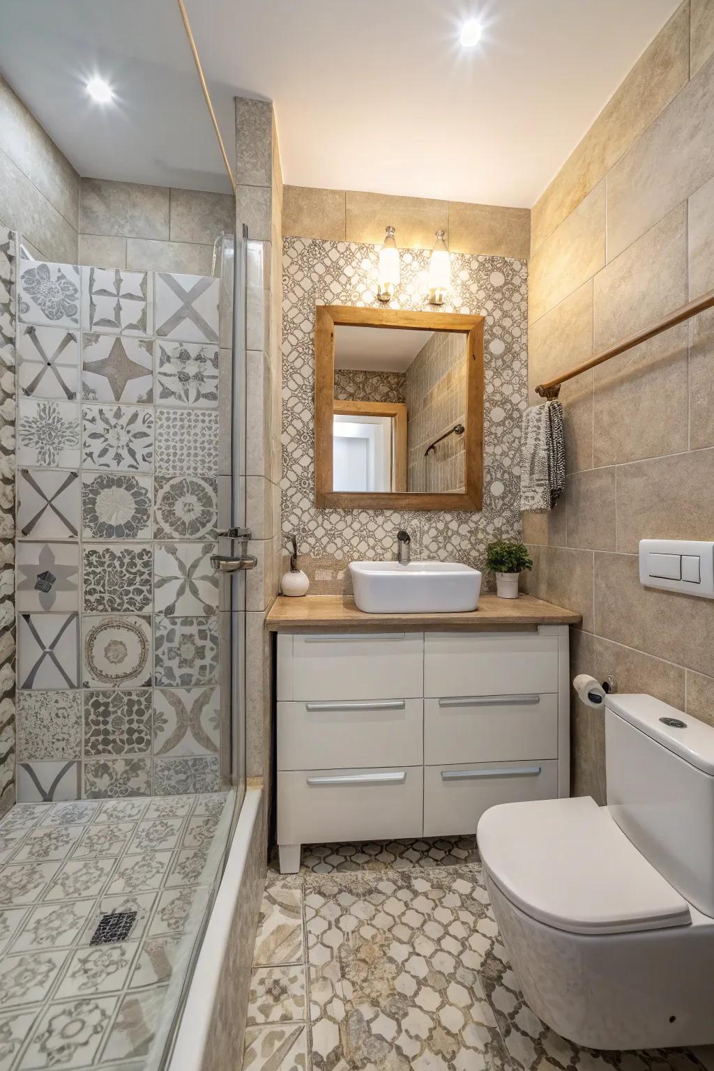 Layered tiles injecting dimension and interest.