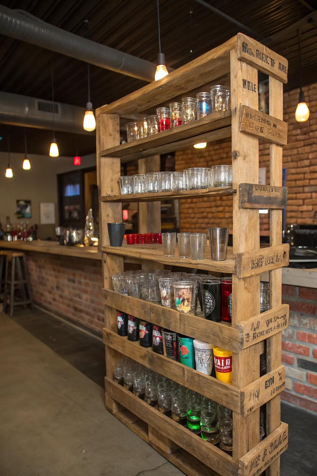 A garage bar showcasing a DIY pallet rack creatively employed as a shot glass display.