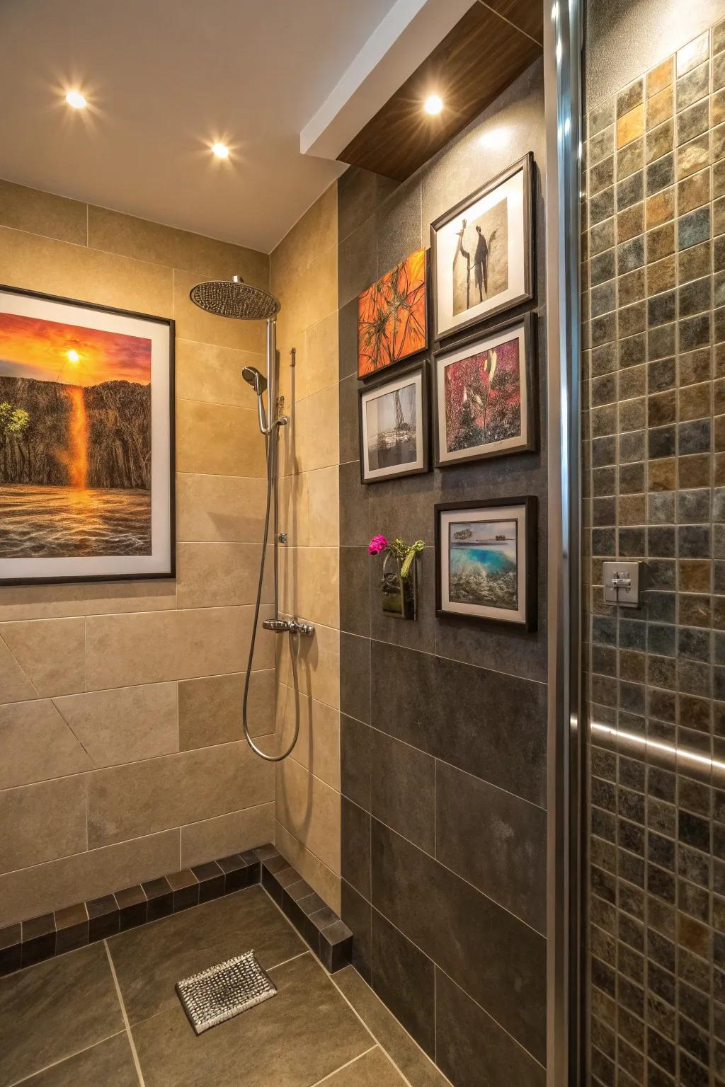 A shower featuring moisture-resistant artworks and framed prints.