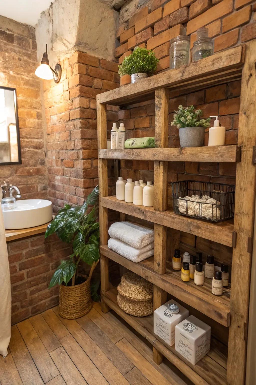 Salvaged wood shelves offer sustainable, rustic charm.