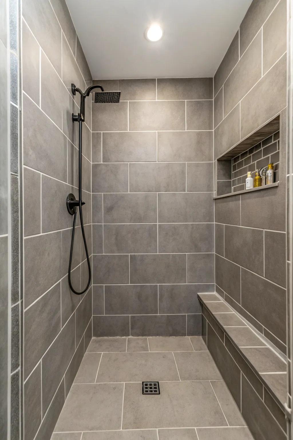 Elegant minimalism featuring grey tiles in a shower.