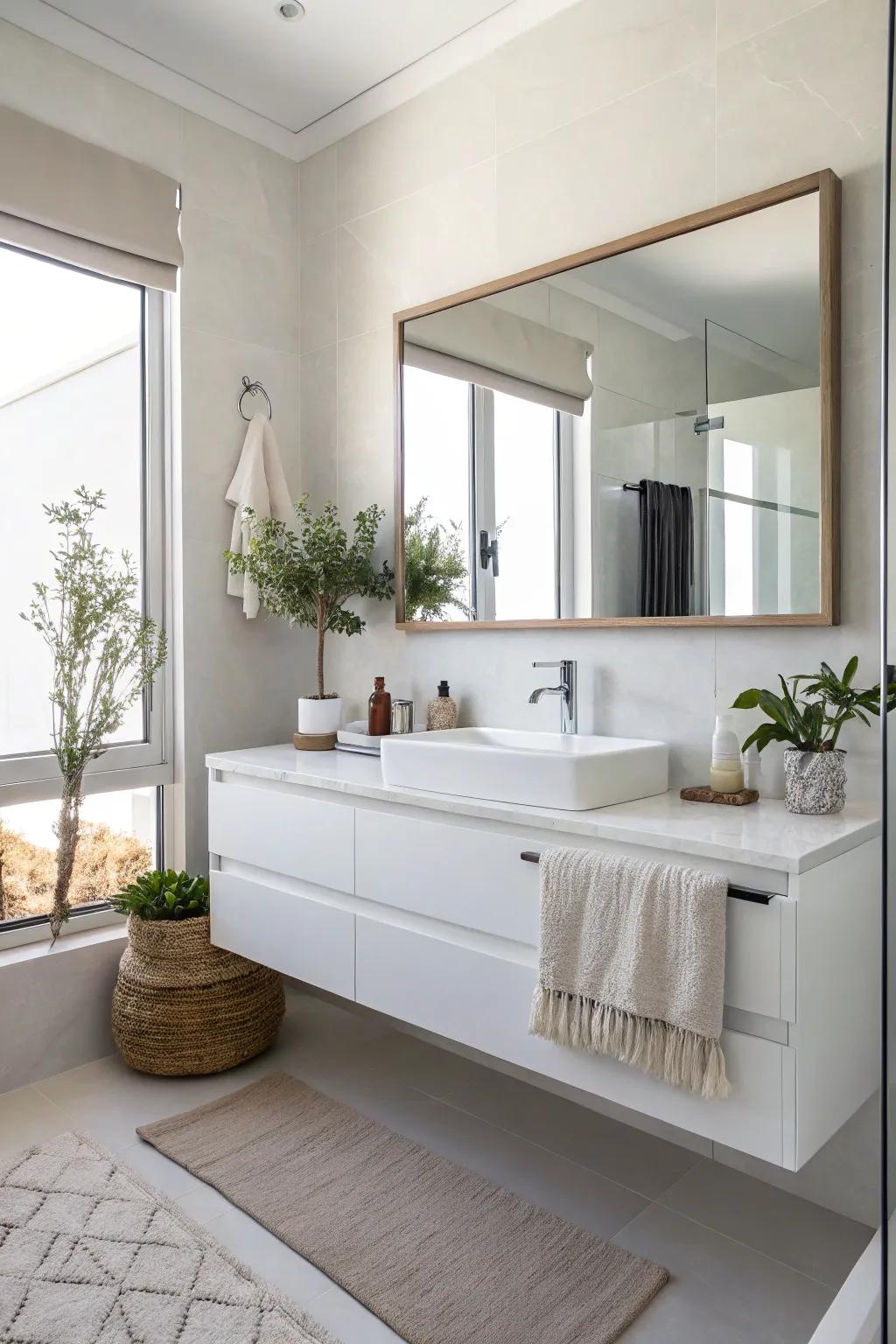 A floating vanity adds a contemporary touch to this restroom.