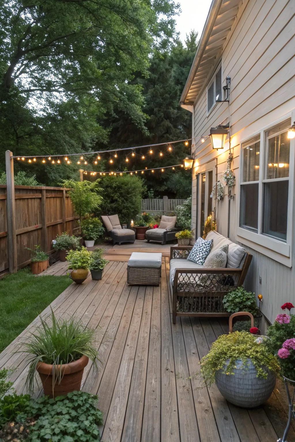 A plank deck promotes relaxation and conversation in your side yard.