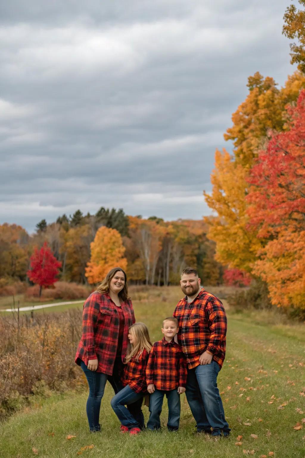 Checkered attire establishes a traditional and harmonious aesthetic.