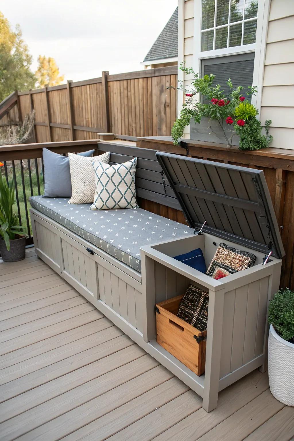 Multi-functional furniture optimizes space and utility on the porch.
