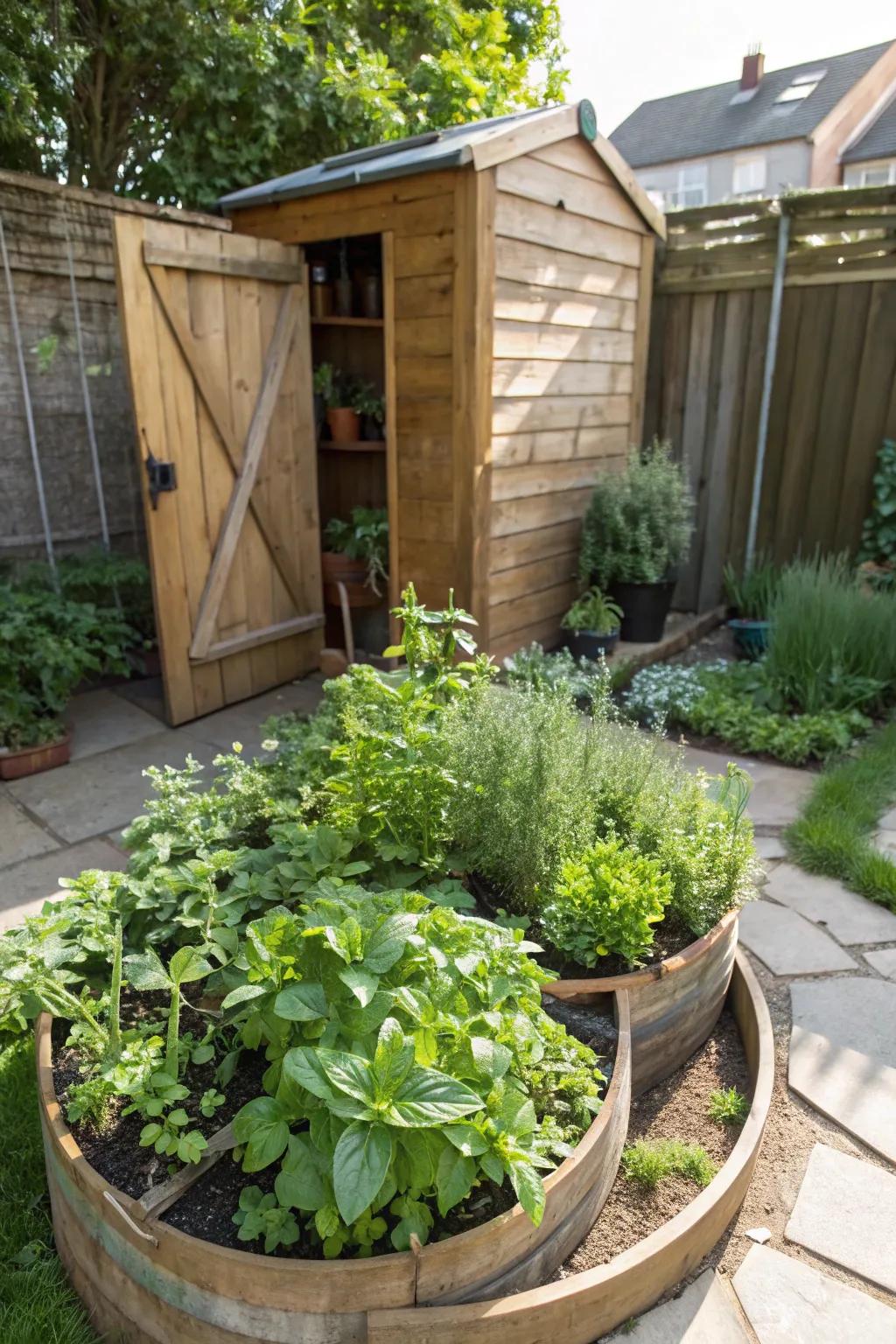 Culinary herb mounds offer a functional and appealing enhancement to your shed's landscape.