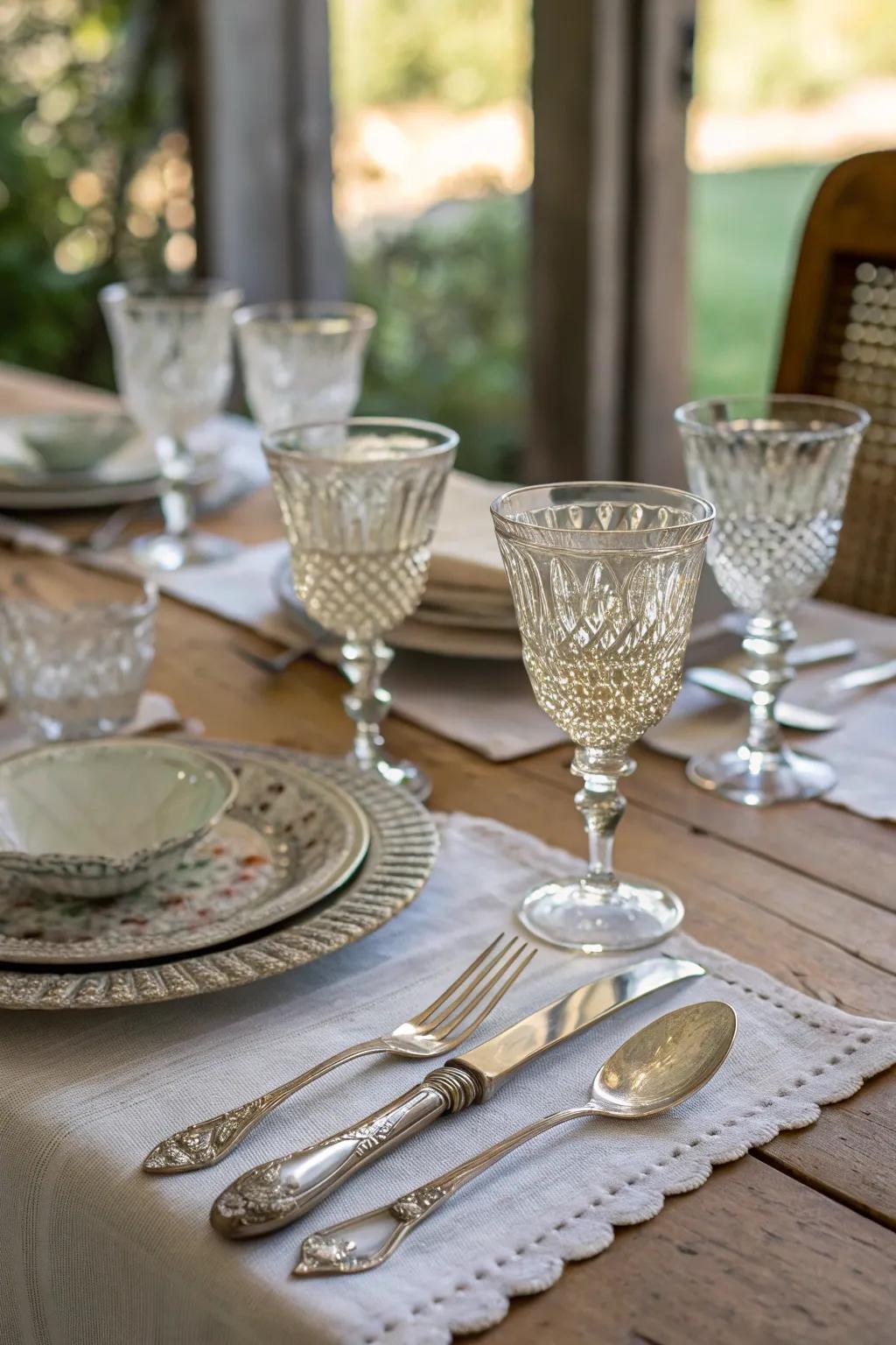 Antique glassware and family relics add a nostalgic charm.