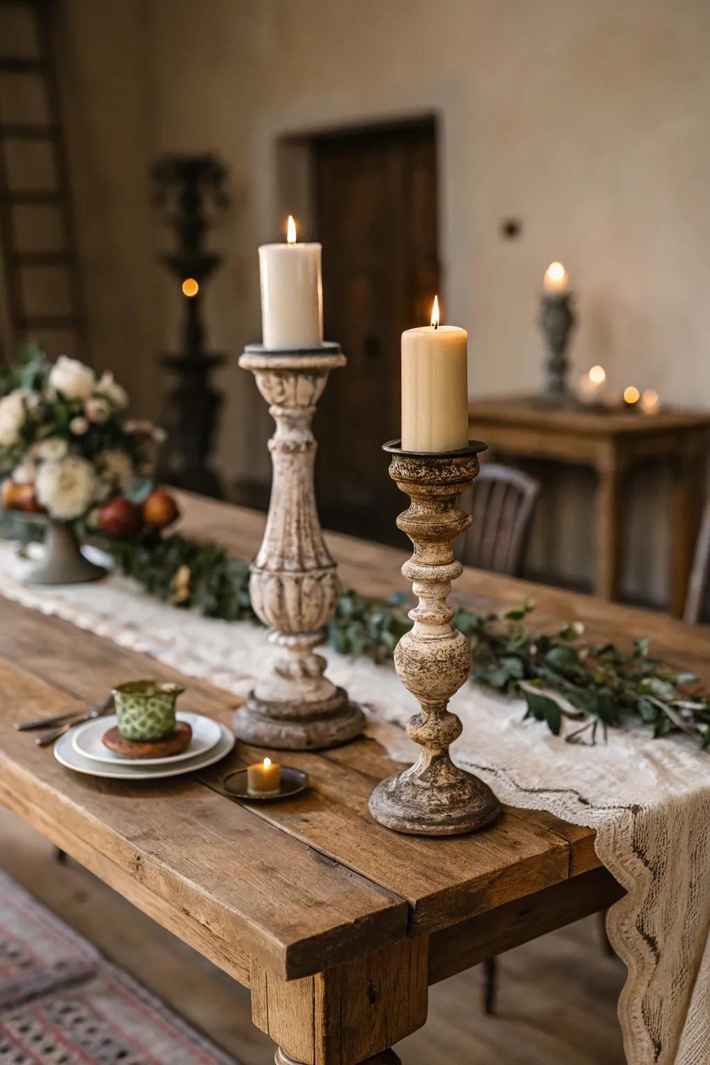 Classic wax light stands enhancing a rustic table setting.