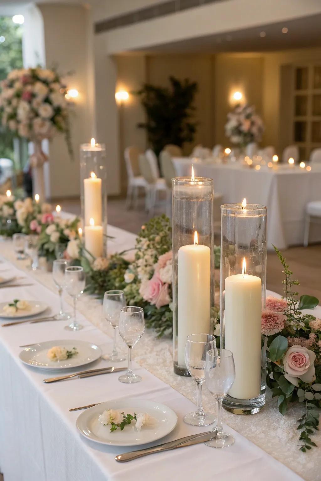 Sophisticated tablescapes using floating candles.
