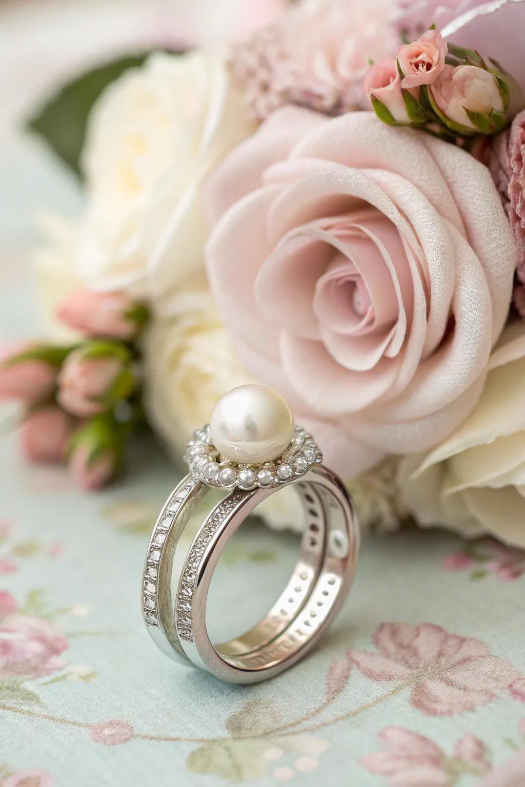 A wedding ring adorned with a pearl accent for timeless beauty.