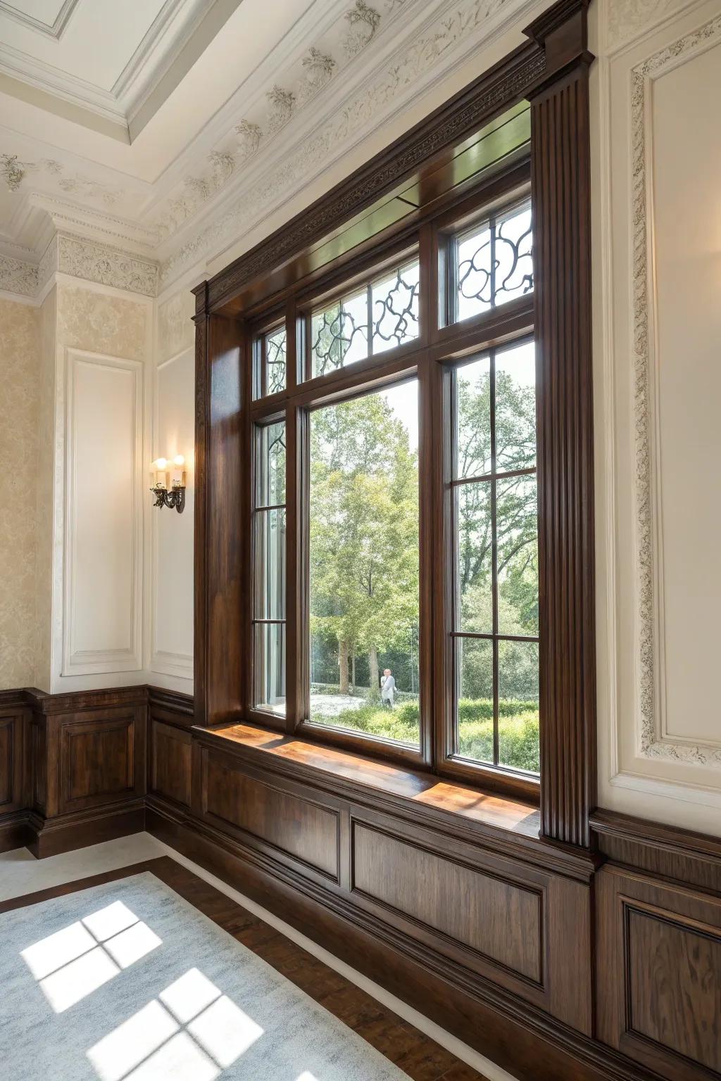 Dark timber trims create a stunning contrast.