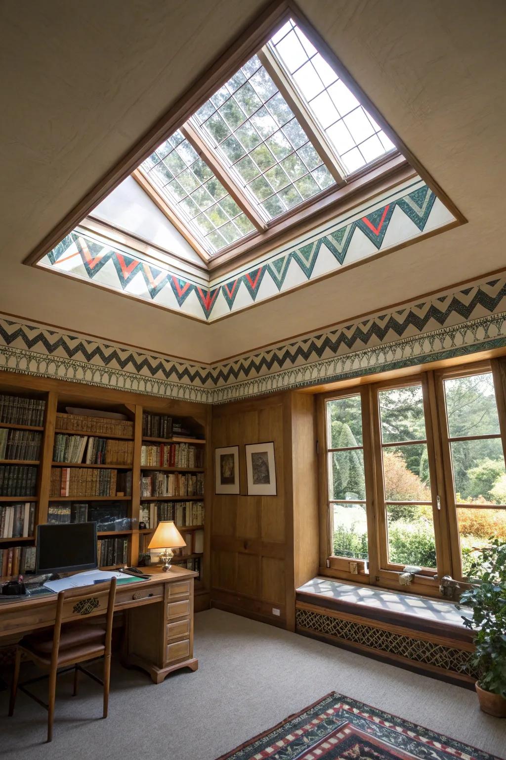 A study using a skylight featuring geometric patterned trim.
