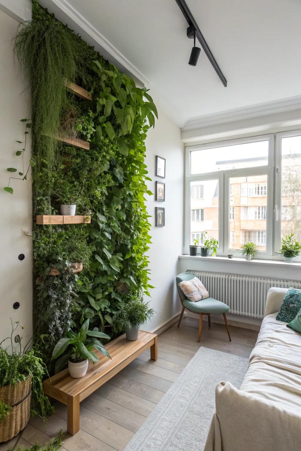 A living wall adds greenery without taking up floor space.