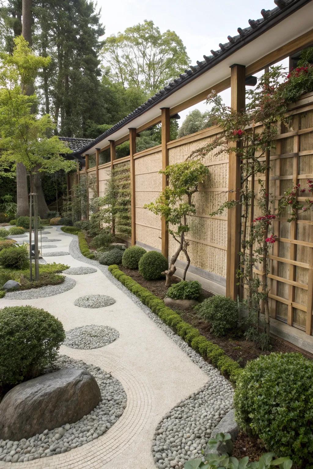 A zen garden with frames and climbing flora, adding height and elevated interest.