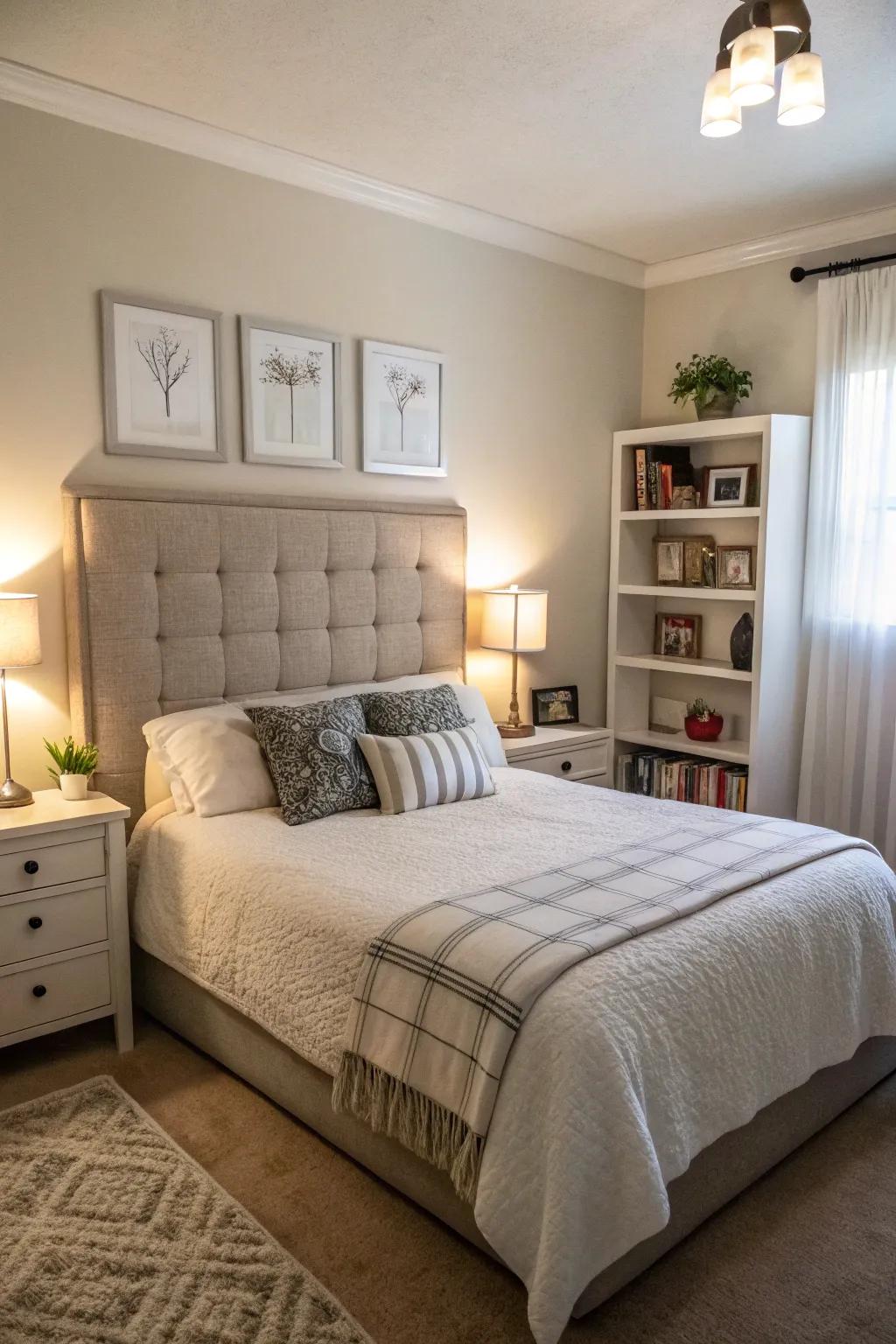A small bedroom using an extended headboard to widen the space.