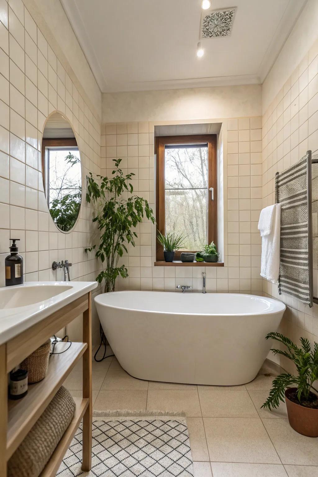 A luxurious ambiance within a small bathroom, enhanced by a freestanding tub.