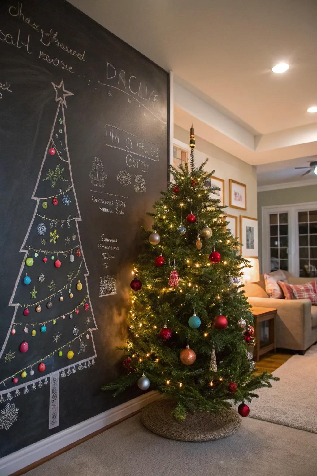 A chalkboard wall tree offers a playful space to decorate each holiday season.