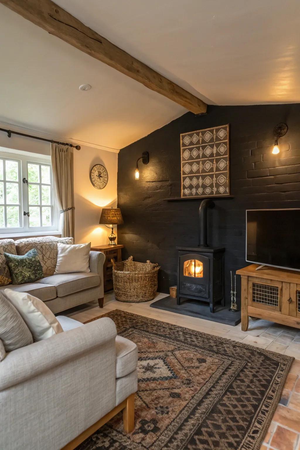 A significant wall contributes magnitude and fascination to this dwelling space.