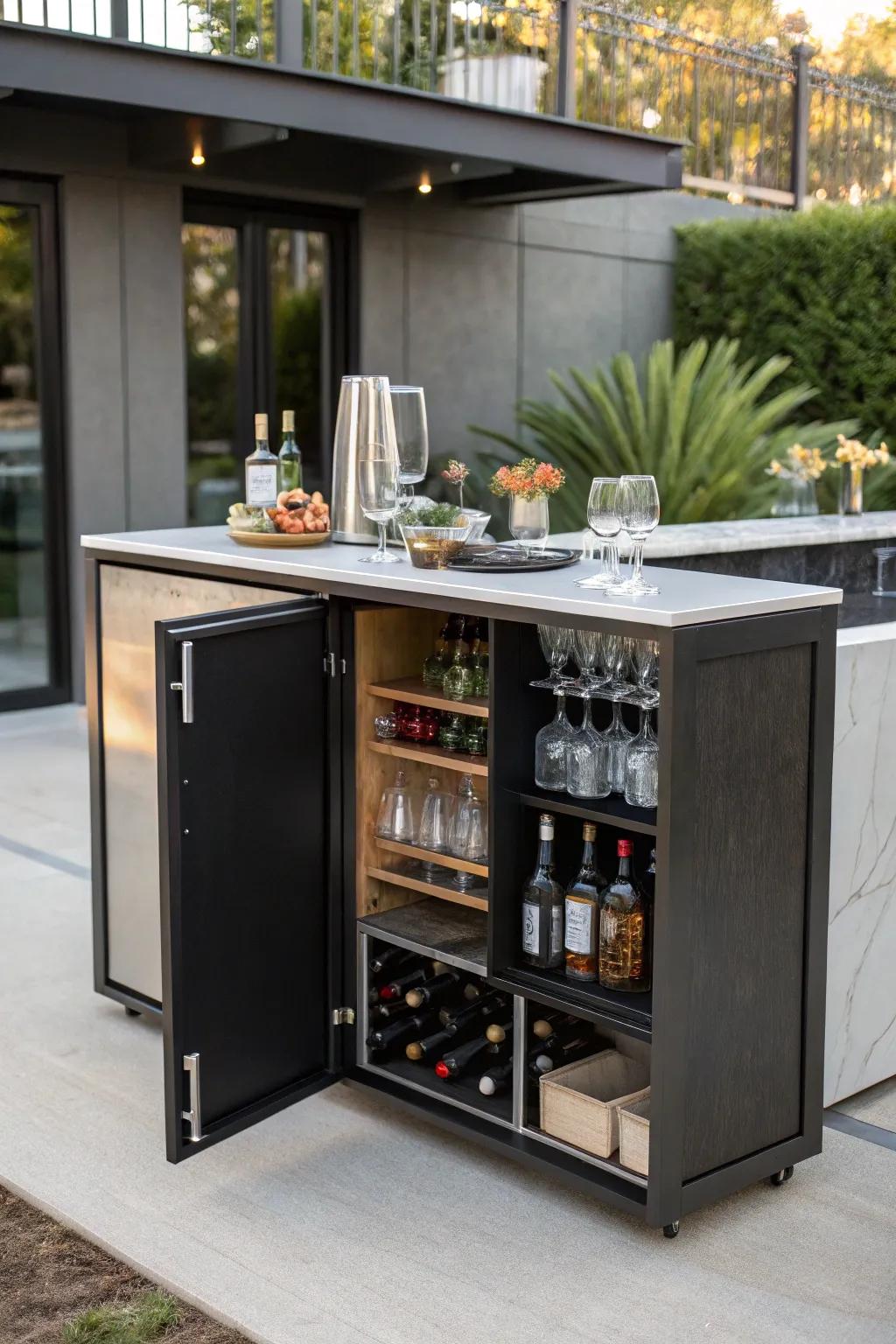 Concealed safekeeping solutions for an orderly dry bar.