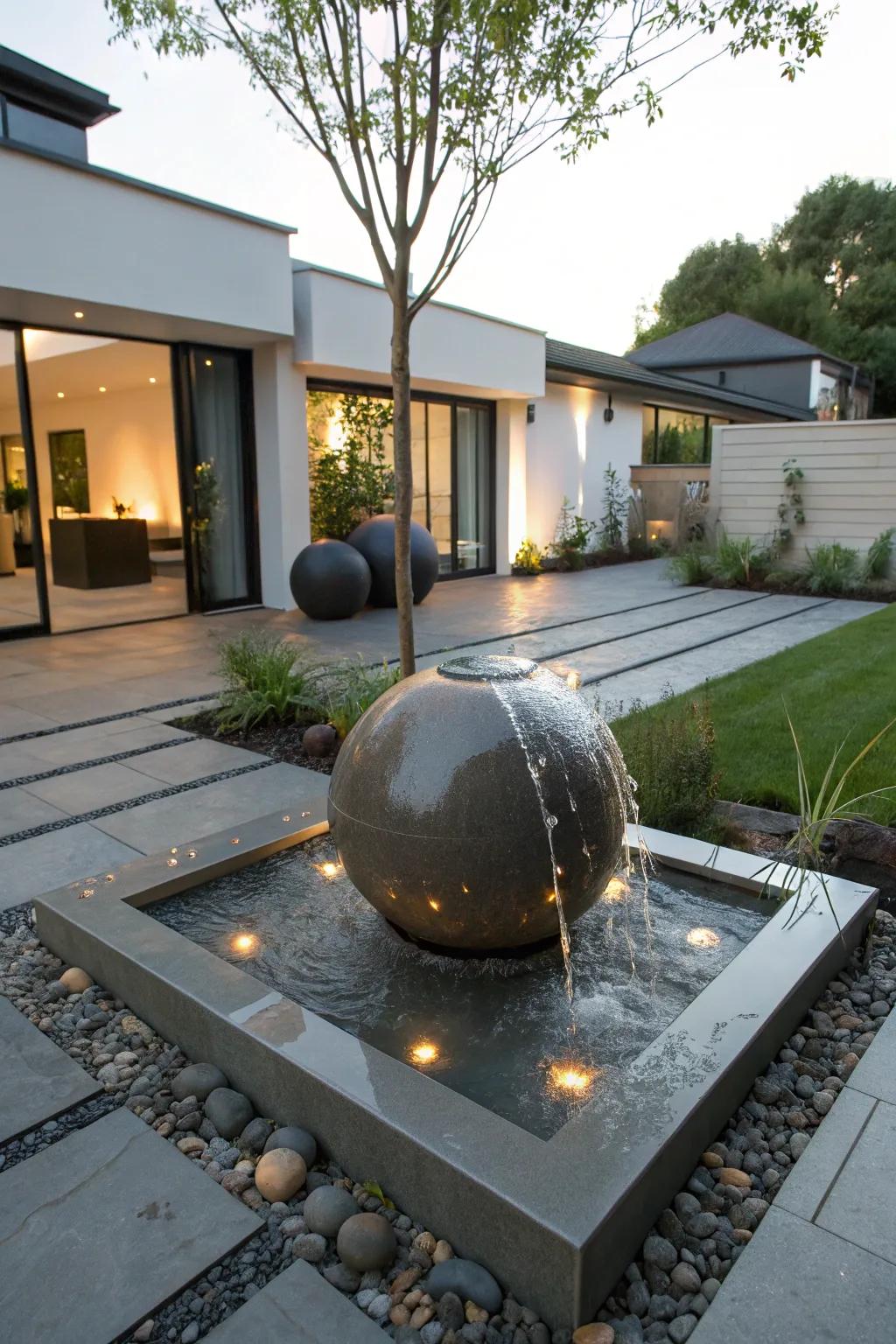 A drifting orb water feature captivates with its unique presence.