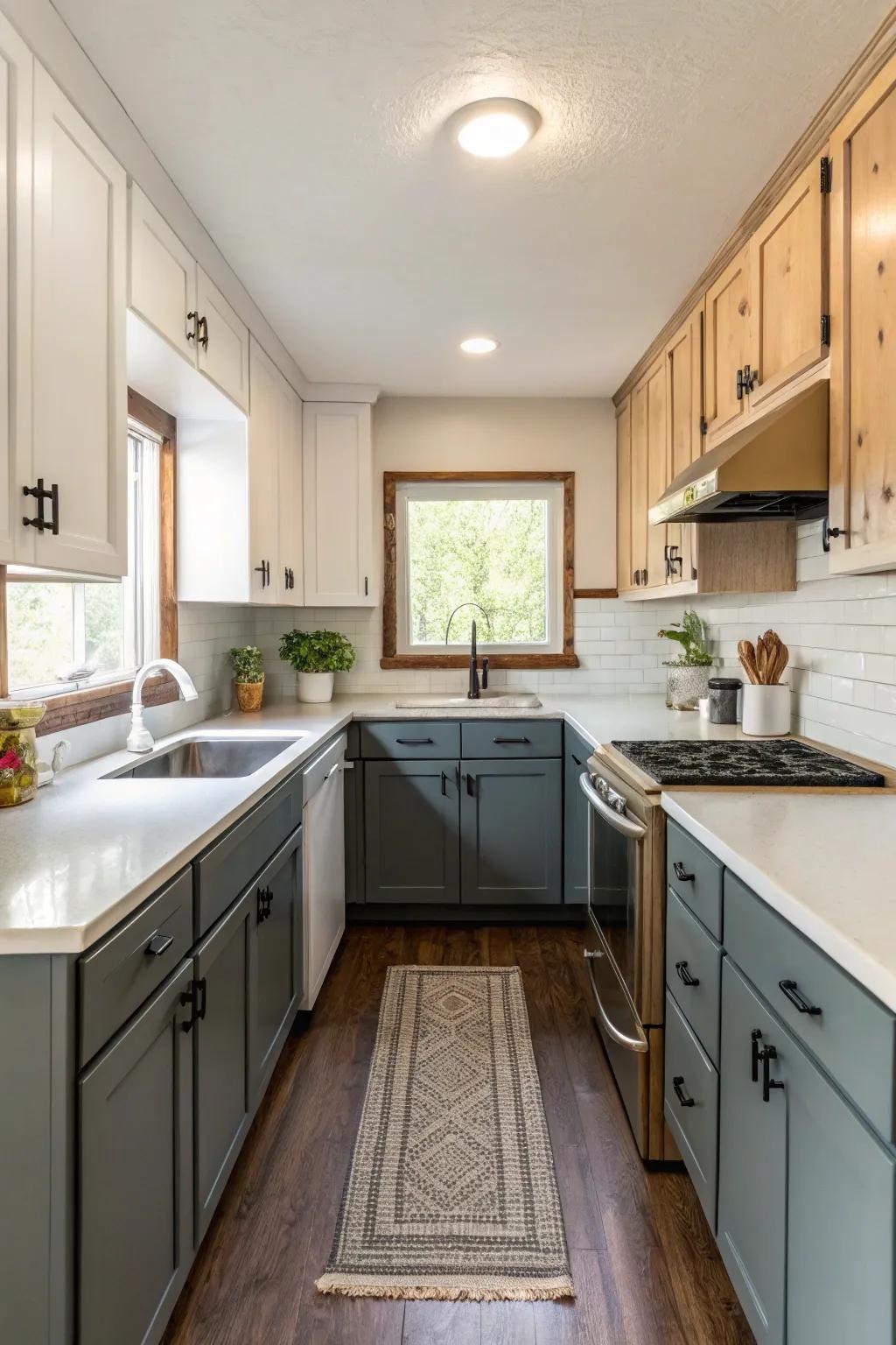 Two-toned cabinets establish visual dimension.