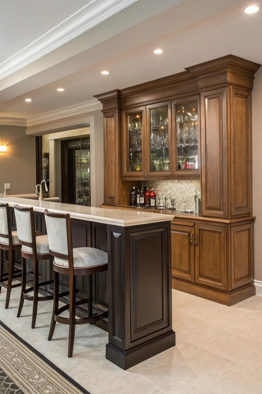 Two-tone units contribute depth and flair to your home bar.