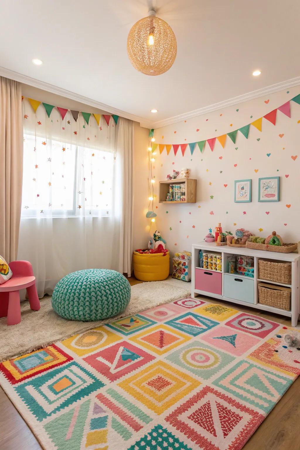 A vibrant rug adds warmth and defines play areas in small rooms.