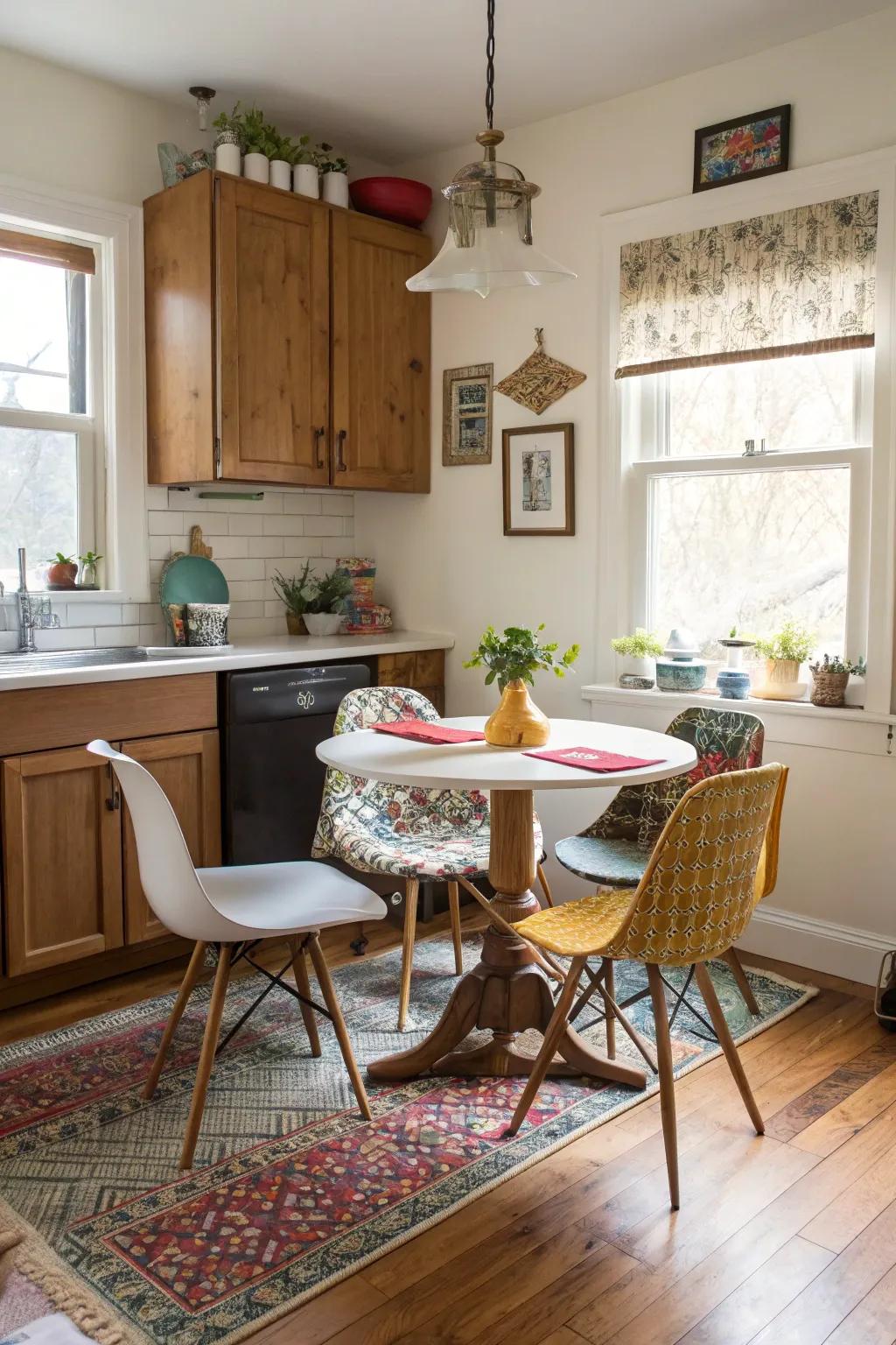Eclectic chairs that infuse personality into a smaller kitchen table.
