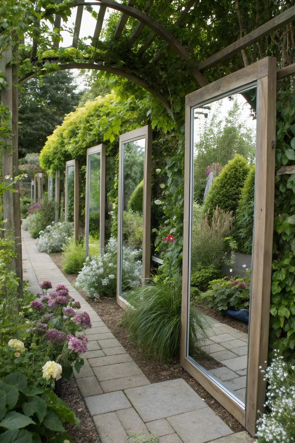 In small gardens, mirrors can visually expand the space.
