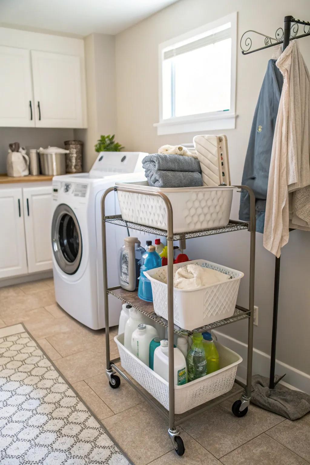 A mobile laundry trolley keeps essentials close at hand.