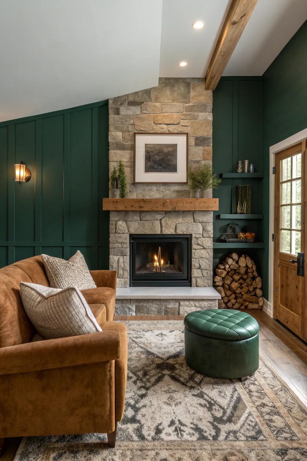 A featured wall behind the fireplace adds depth and creates a visual point.
