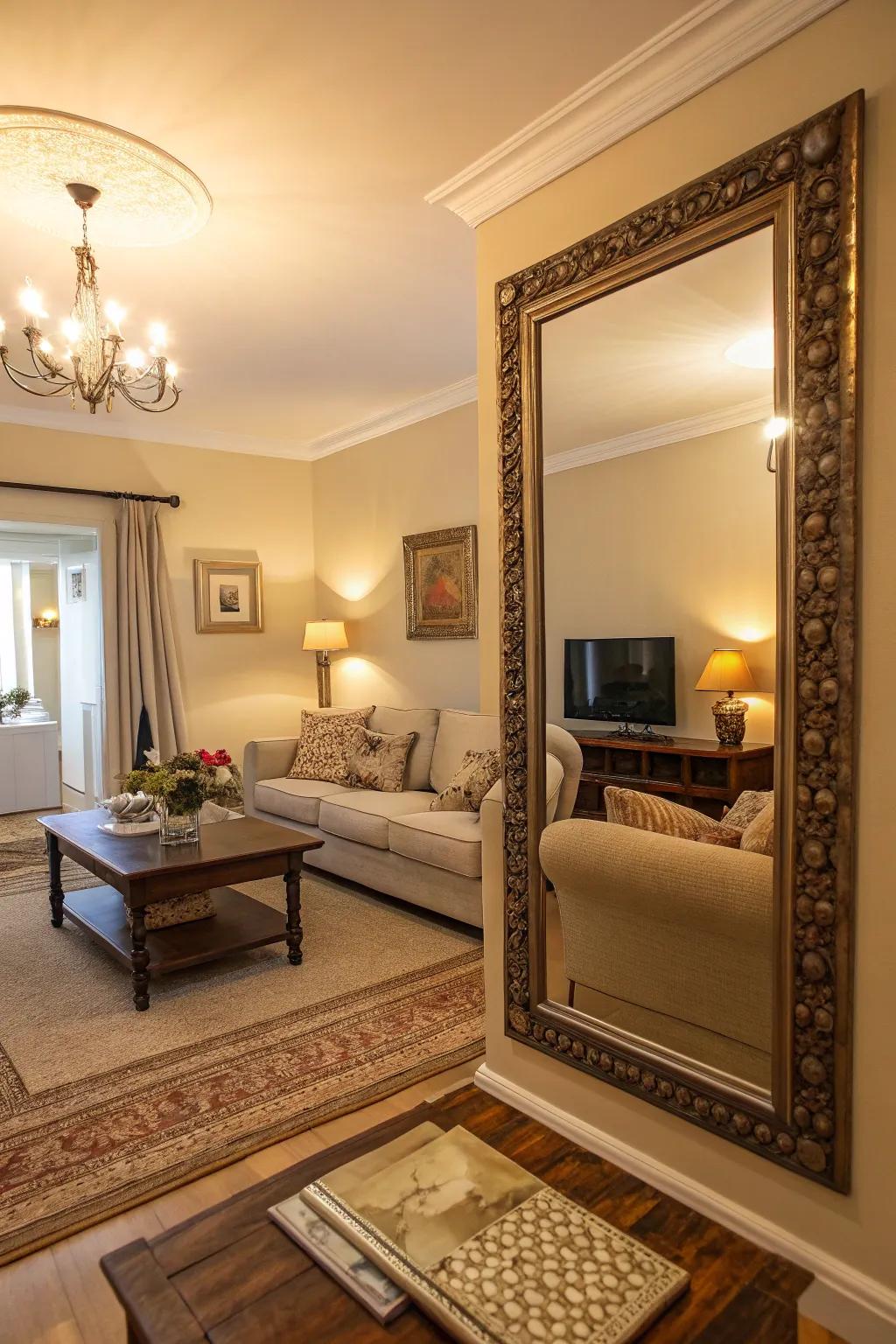Mirrors give the feeling of greater room size.