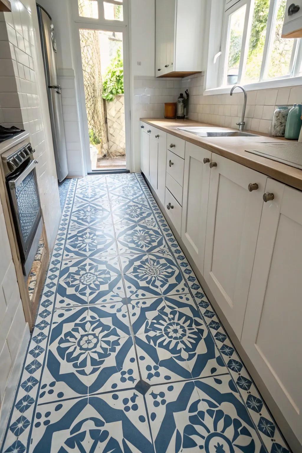 Patterned flooring introduces a distinctive touch to this narrow cooking area.