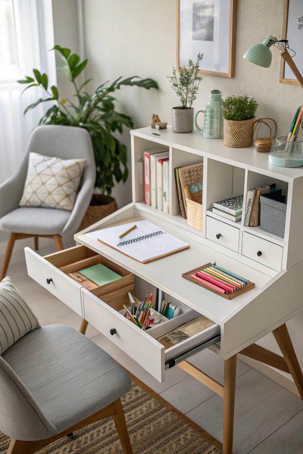 Discreet storage keeps your workspace efficient.