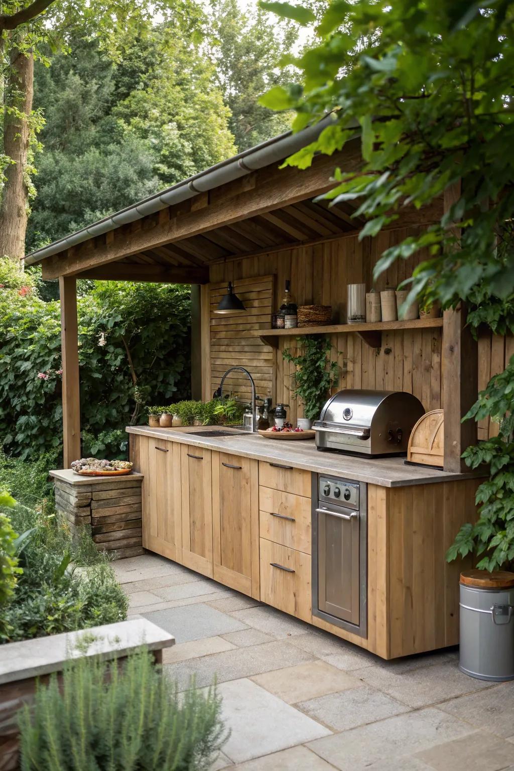 Untreated timber fashions an inviting cooking space.