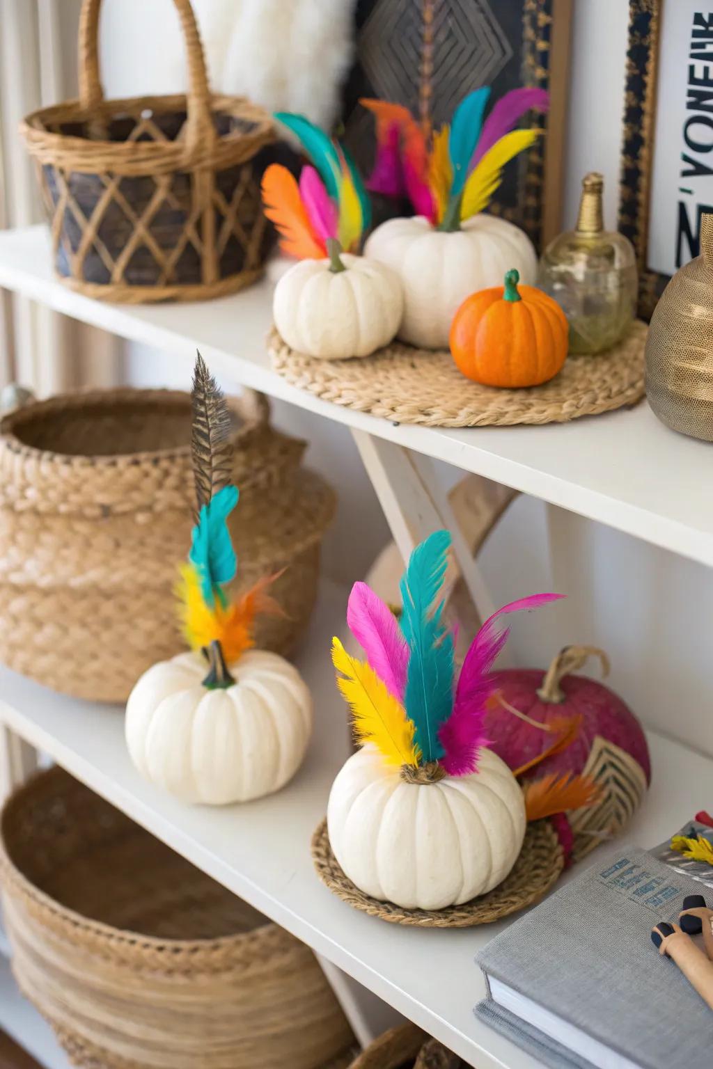 Plume-adorned squashes bring a whimsical, boho vibe.